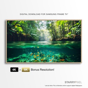 May include: A digital download of a photograph of a tropical river with a lush green canopy overhead and a school of orange fish swimming in the clear water below. The image is framed in a light wood frame and includes the text "4K + 8K Bonus Resolution!" and "STARRYPIXEL".