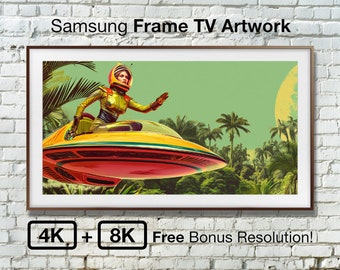 Astronautin im Dschungel fliegend | Samsung Frame TV Art 4K+8K Bonus File Retro-Futuristische TV Kunstwerk Vintage Poster Digitaler Download