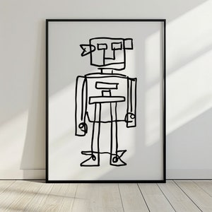 Pode incluir: Desenho de linha preto e branco de um robô com um design simples. O robô tem uma cabeça retangular com dois olhos e uma boca, um corpo retangular com um design simples e duas pernas.