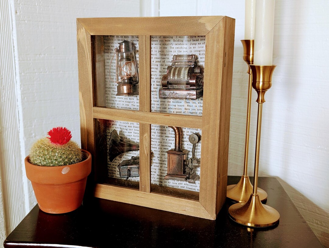 Image showcasing 8x10 Shadow Box Rustic Decor, Antique Cast Iron Sharpeners, Gift, Home ...