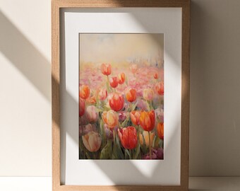 Spring Print, Flower Landscape, Amsterdam Printable Art, Tulip Oil Painting, Vintage Style Decor, Summer Art, Abstract, Flower Printable Art