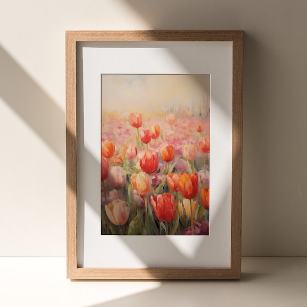 Impression de printemps, paysage de fleurs, art imprimable d’Amsterdam, peinture à l’huile de tulipe, décor de style vintage, art d’été, abstrait, art imprimable de fleurs