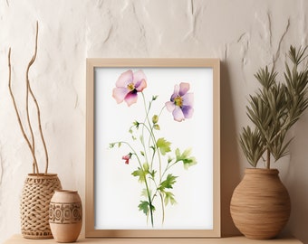 Pink and Purple Wildflower Watercolor Wall Art, Watercolor Digital Prints, Botanical Downloadable Prints, Digital Wall Art, Dining Decor
