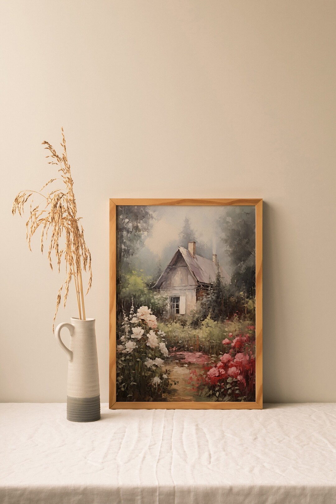 Cottage Oil Painting, Rose Garden Wall Art, Spring Vintage Print ...
