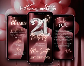 Invito digitale per il 21° compleanno, invito animato rosa argento, invito video telefonico Twenty One, invito modello Canva, invito 21°