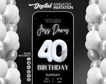 Forty 40th Birthday Digital video Invitation, Elegant Black and White Balloon Invitation Template, Message text evite, 40th Party invitation