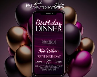 Birthday Dinner Invitation, Party Video Invitation, Pink neon invitation, Animated invite, Dinner evite template, Message text invite