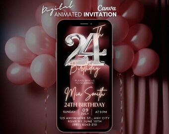 24th Birthday Digital Invitation, Pink silver animated Invitation, Twenty four Phone video invitation, Text message evite, 24th invitation