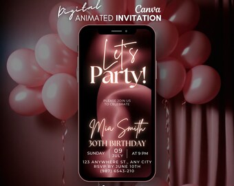 Party Geburtstag Digitale Einladung, Pink Silber animierte Einladung, mobile Video Einladung, Canva Template Einladung, lassen Sie uns Party einladen