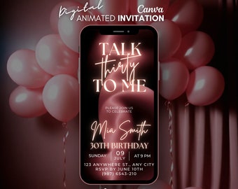 Digital Talk Thirty To me Birthday Invitation, Pink silver animated Invitation, mobile video invite, canva template invitation, 30th evite