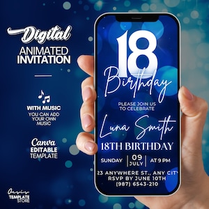 18e invitation d'anniversaire numérique, 18e invitation numérique pour téléphone, modèle d'invitation numérique Blue Glitter, texte evite party, dix-huit invitation
