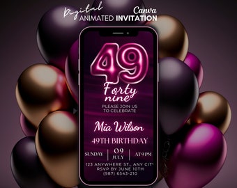 49th Birthday Digital Invitation, Forty nine Party Video Invitation, Pink neon invitation, Animated invite, Message Text Evite, 49th invite