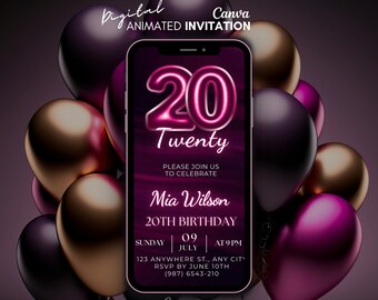 20th Birthday Digital Invitation, Twenty Party Video Invitation, Pink neon invitation, Animated invite, Message Text Evite, 20th invite