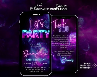 Digital Let's Party Birthday Invitation, Neon Pink video Invitation, Lets Party Animated invitation, Message Text evite, Party invitation