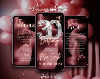 Digital 30th Birthday Invitation, Pink silver animated Invitation, Thirty phone video invitation, canva template invitation, 30th invitation