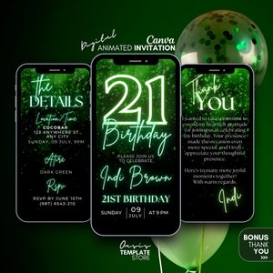 Digital 21st Birthday invitation, Green glitter party invite, phone text evite, Editable invitation template, 21st animated video invite