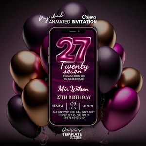 27th Birthday Digital Invitation, Twenty seven Party Video Invitation, Pink neon invitation, Animated invite, Message Text Evite, 27th evite
