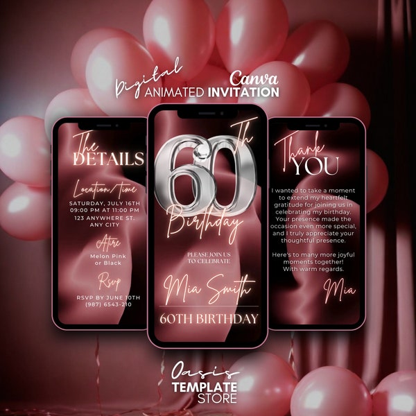 Digitale Einladung zum 60. Geburtstag, rosa silber animierte Einladung, 60. Geburtstag Einladung, 60. Geburtstag Einladung, 60