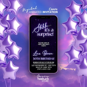 It&#39;s a Surprise Birthday invitation, Digital purple invitation, Mobile invite, Purple invite, template canva invitation, Surprise invitation