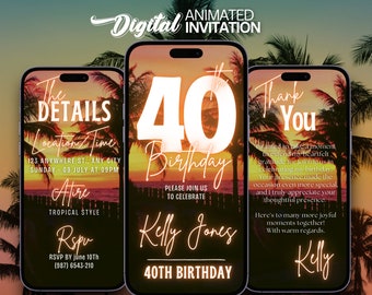 Palm Tree Birthday Animated Invite, Tropical Sunset 40th Party Invitation, Editable Digital Invitation, Summer Party Canva Template, Video