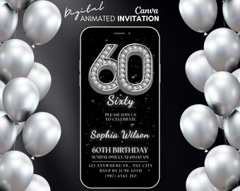 Animated 60th Birthday Video Invitation Silver and Diamond, Luxury Sixty Birthday Electronic Invite, Editable Template for Smartphone