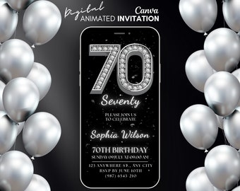 Digital 70th Birthday invitation, Party Seventy video invitation, Diamond invitation, Party silver invite, animated invite, 70th evite