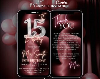 15th Birthday Digital Invitation, Pink silver animated Invitation, Fifteen mobile video invitation, canva template invitation, 15th invite
