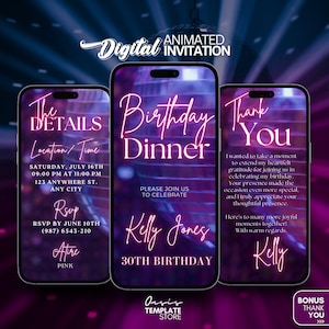 Editable Dinner invitation, Digital Pink dinner party invite, womens Birthday invitate, Canva invitation, dinner video invitation