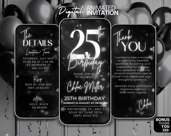 25th Birthday video Invitation, 25th Silver Glitter Digital Invitation, 25th invite, digital invitation template, 25th party evite