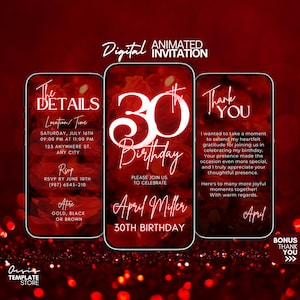 Invitación en video para el 30.º cumpleaños, invitación digital con purpurina roja para el 30.º cumpleaños, invitación animada, plantilla de invitación digital para el 30.º cumpleaños, invitación para el 30.º cumpleaños
