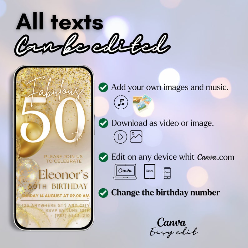 May include: A digital invitation for a 50th birthday celebration, featuring gold accents and the text "Fabulous 50". The design includes editable text, the ability to add images and music, and download options. The invitation is designed with Canva.