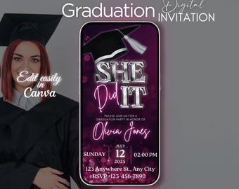 She Did It Graduation invitation, She Did it invitate, Grad announcement 2025, class Of 2025 invite, Pink Graduate college party evite