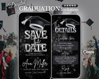 Silver Digital Graduation Save The Date Invite, Graduation 2025 Announcement, Editable Graduate Invitation Template, School Grad Party Evite
