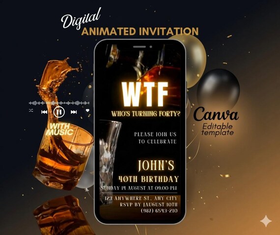Editable Canva Template Birthday Invitation, Who is Turning Forty Digital Invite, Luxury Amber Fortieth Video, Animated Download invite
