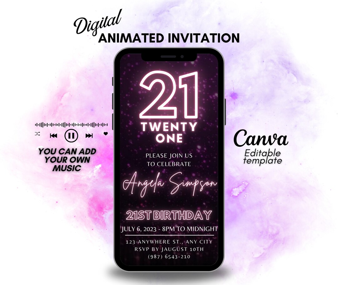 Editable 21st Digital Birthday Invitation, Pink Glitter Video Invite ...