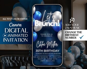 Puede incluir: Una invitación digital para un brunch de cumpleaños número 35 con un tema de globos azules y plateados. La invitación presenta el texto "Let's Brunch!" y "Chloe Miller 35th Birthday".