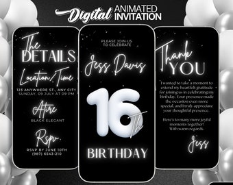 May include: A black and white digital invitation for a 16th birthday party. The invitation features a white number 16 with the text "Jess Davis 16th Birthday" and "Thank You" with a message of gratitude. The invitation also includes details about the party, such as the location, time, and attire.