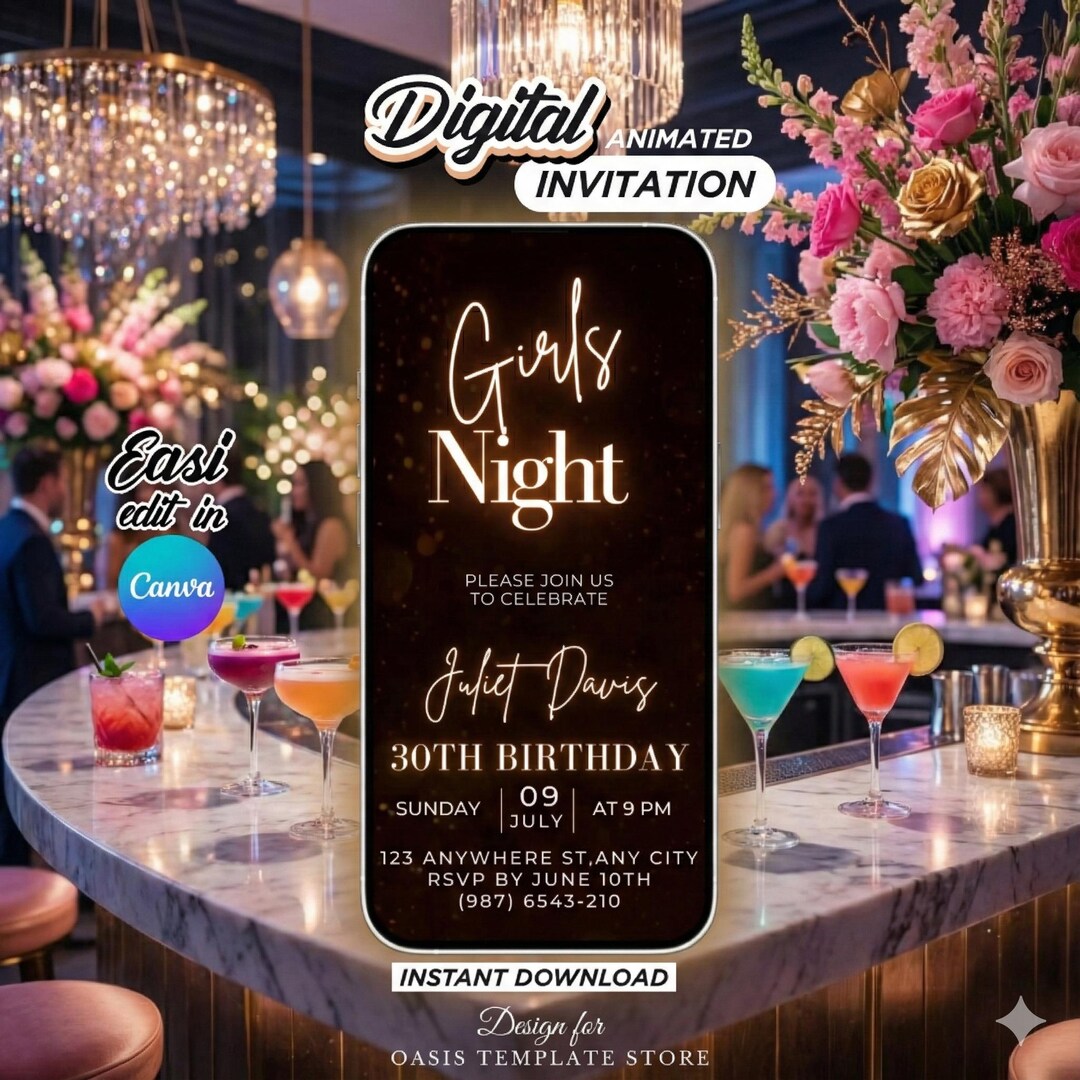 Girls Night Out Birthday Invitation Digital, Gold Glam Canva Template ...