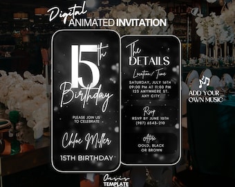 Digital 15th Birthday video Invitation, Silver Glitter Digital Invitation, 15th editable mobile invite, 15th digital invitation template
