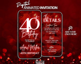 Forty 40th Birthday video Invitation, Red Glitter Digital Invitation, animated invite, 40th digital invitation template, 40th invitation