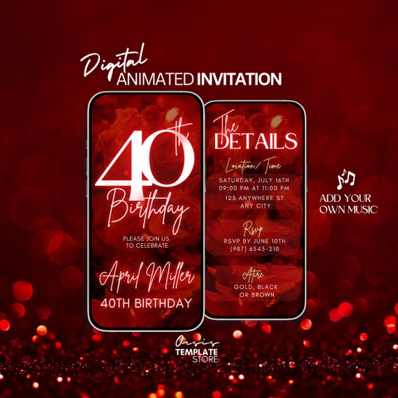 Forty 40th Birthday video Invitation, Red Glitter Digital Invitation, animated invite, 40th digital invitation template, 40th invitation