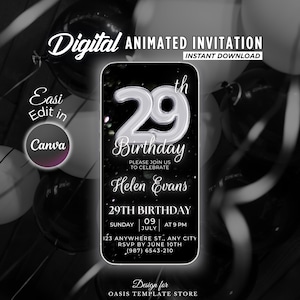 Editable 29th birthday invite, 29th digital invitation, 29th video party invitate, Custom mobile animated evite, canva invitation template