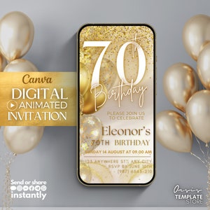 Convite em vídeo do 70º aniversário, convite digital do 70º Gold Glitter, texto da mensagem evite, convite do modelo canva, convite digital do 70º