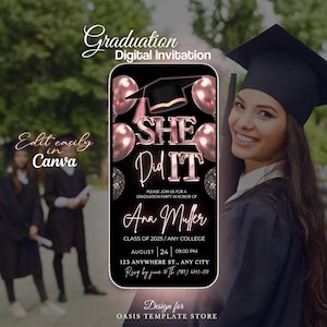 She did it Grad Invitation, Pink Digital Graduation Party Invite, College Graduate Announcement, She did it editable Graduation Template