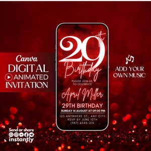 29th Birthday video Invitation, Red Glitter Digital Invitation, animated invite, 29th digital invitation template, Twenty nine invitation