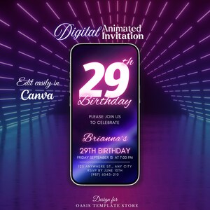 29th Birthday digital Invitation, 29th Pink Neon party Invitation, 29th electronic invite, 29th video invitation template, 29th mobile evite