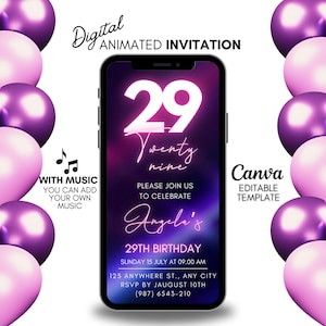 29th Birthday Invitation, Digital party invitation, Pink video invitation, Animated invite for women, Twenty nine editable birthday template