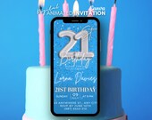 Digital Twenty One 21st Birthday Invitation, Editable Blue video Invite, mobile custom Design, canva template invitation, 21st invitate