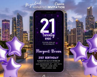 21st Digital invitation, Digital purple invitation, Twenty One Mobile invite, Purple digital evite, template invitation, 21st invitation