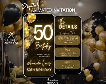 50th Digital Birthday video Invitation, 50th animated invite, 50th editable invitation party, Gold Balloons Glitter Invitation, Fifty evite